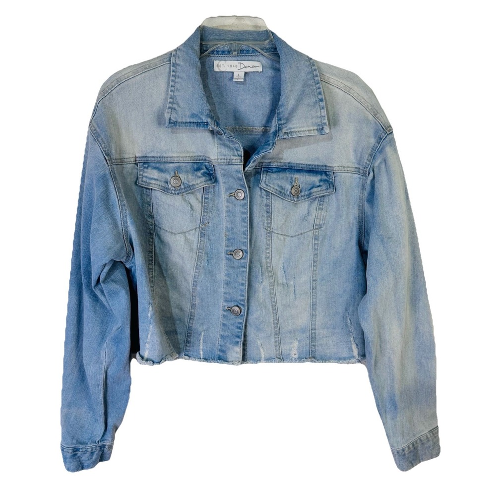 Est. 1946 Women's Denim Jacket Size L Blue Long Sleeve Distressed Short